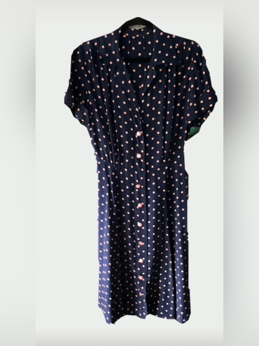 Vintage Polka Dot Midi Shirt Dress Navy Pink